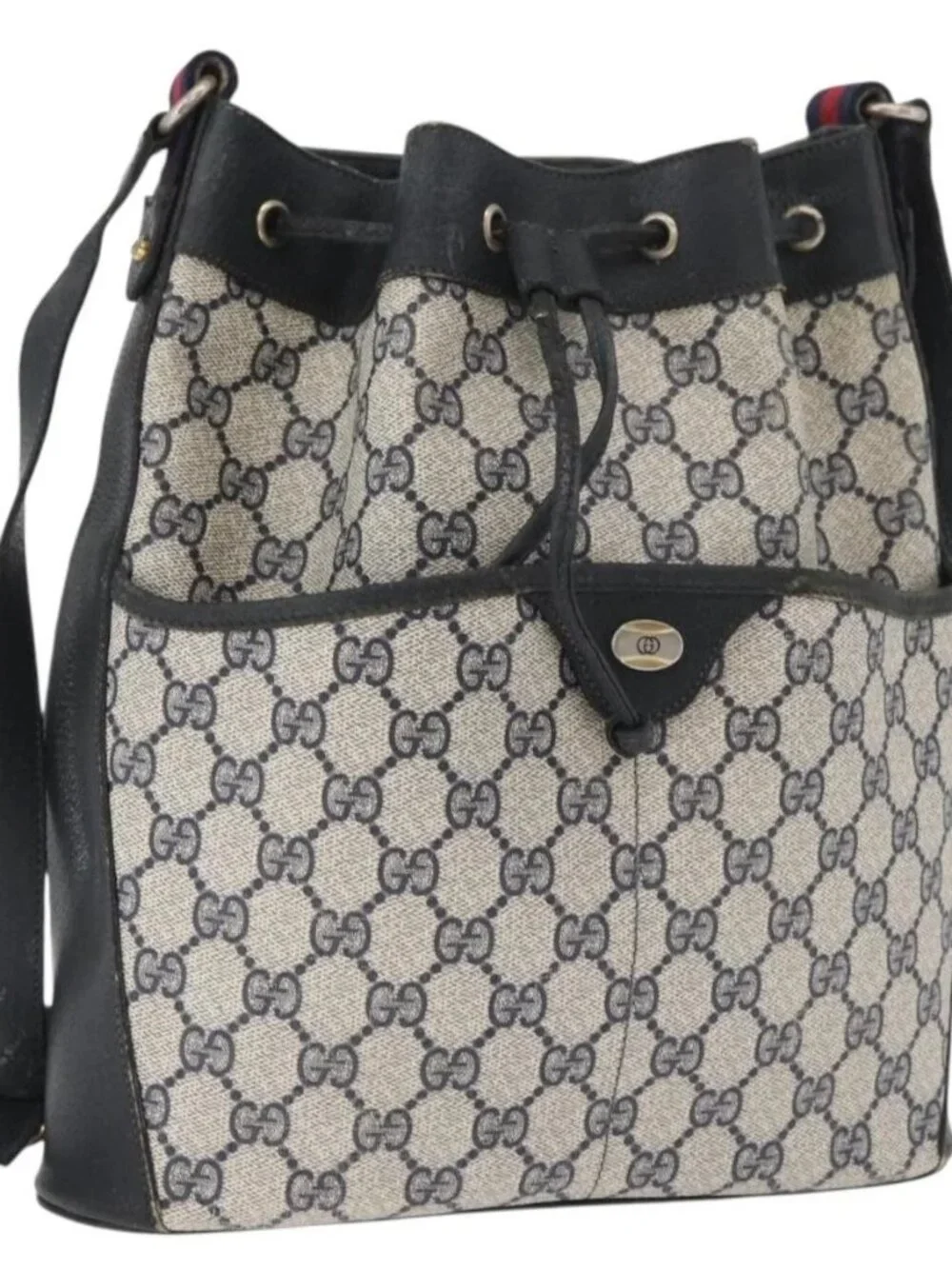 GUCCI GG Supreme Web Sherry Line Purse Bag PVC Navy Gold 41 02 033 Auth